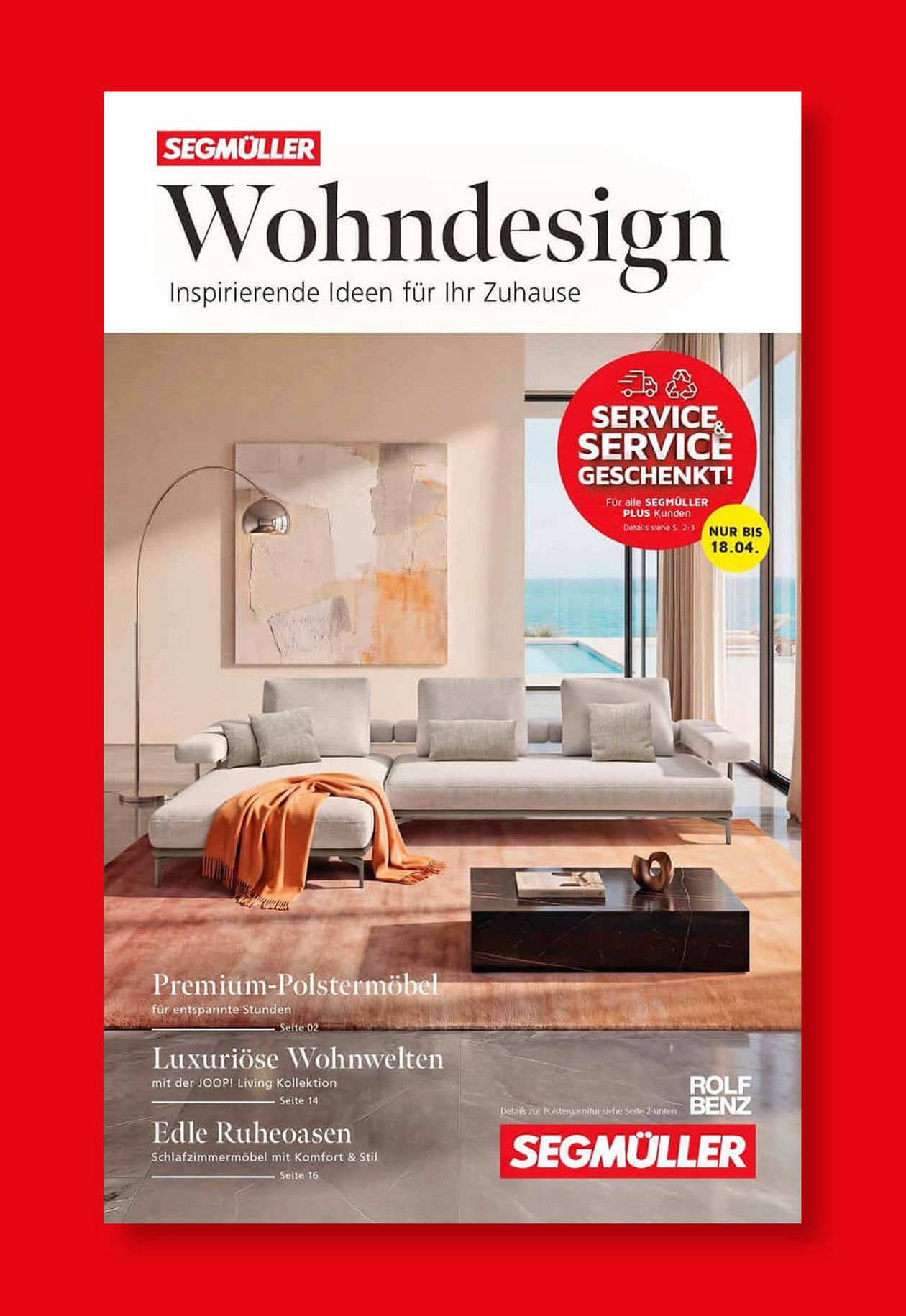 Magazincover mit modernem Wohnzimmerdesign, bestehend aus einem beigen Sofa, einem Couchtisch und Wandbildern. Text: „Segmüller Wohndesign“.