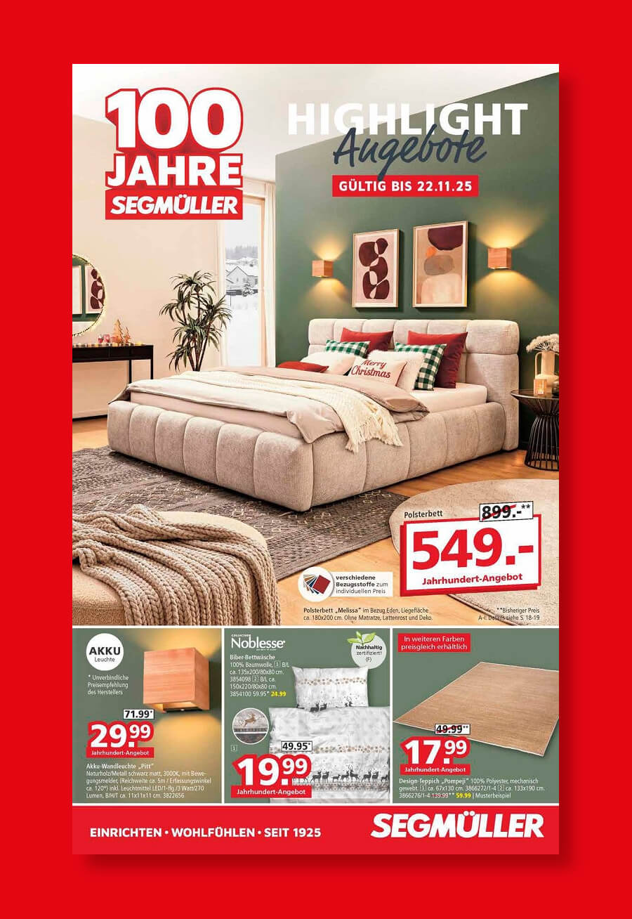 Werbung für Segmüller mit einem modernen Schlafzimmer-Set bestehend aus Bett, Nachttischen und Dekoration. Hervorgehobene Angebote und Preise werden angezeigt.