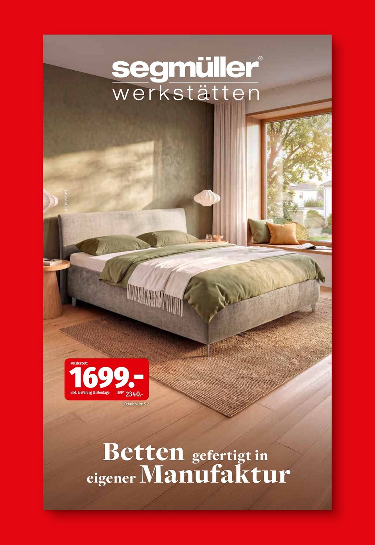 Werbung für ein Polsterbett von Segmüller, Preis 1699 Euro, in einem gemütlich eingerichteten Schlafzimmer mit großen Fenstern und grüner Bettwäsche.
