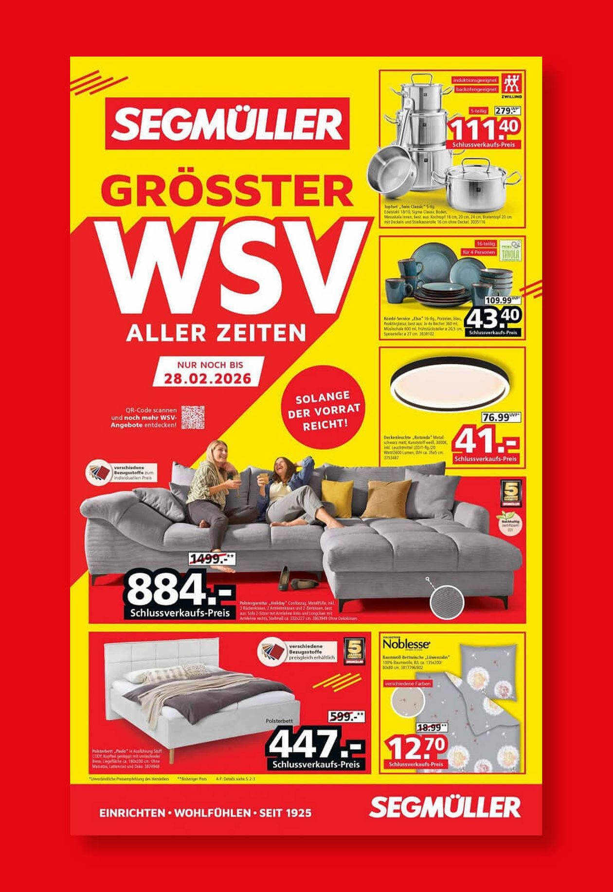Prospekttitel von Segmüller mit Rabatten auf Möbel, einschließlich Sofas und Geschirr, gültig bis 28. Februar 2026.