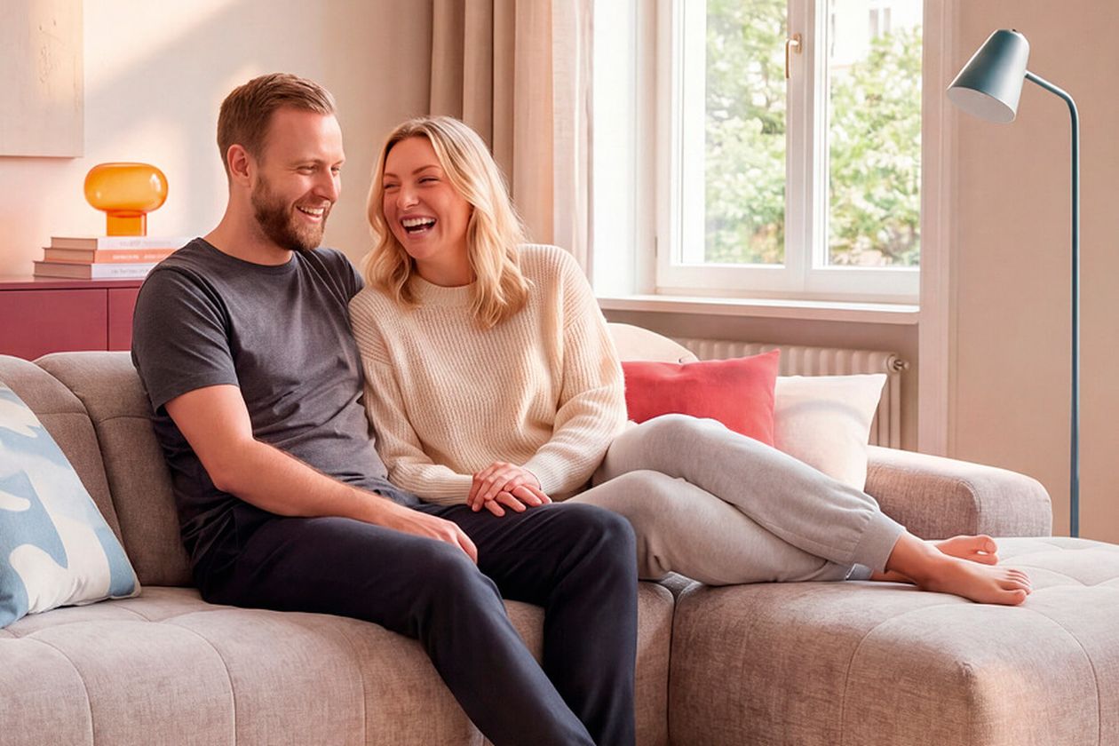 Ein lachendes Paar sitzt entspannt auf einem Sofa in einem gut beleuchteten Wohnzimmer.