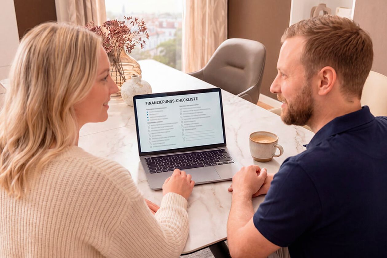Ein Paar sitzt an einem Tisch mit einem geöffneten Laptop, der eine Finanzierungs-Checkliste anzeigt. Eine Tasse Kaffee steht daneben.