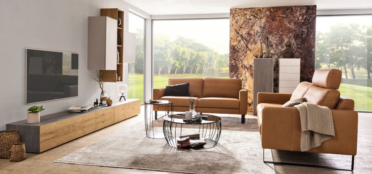 Modernes Wohnzimmer mit hellbraunen Ledersofas, rundem Glas-Couchtisch, an der Wand montiertem Fernseher und großen Fenstern mit Blick auf eine grüne Landschaft.