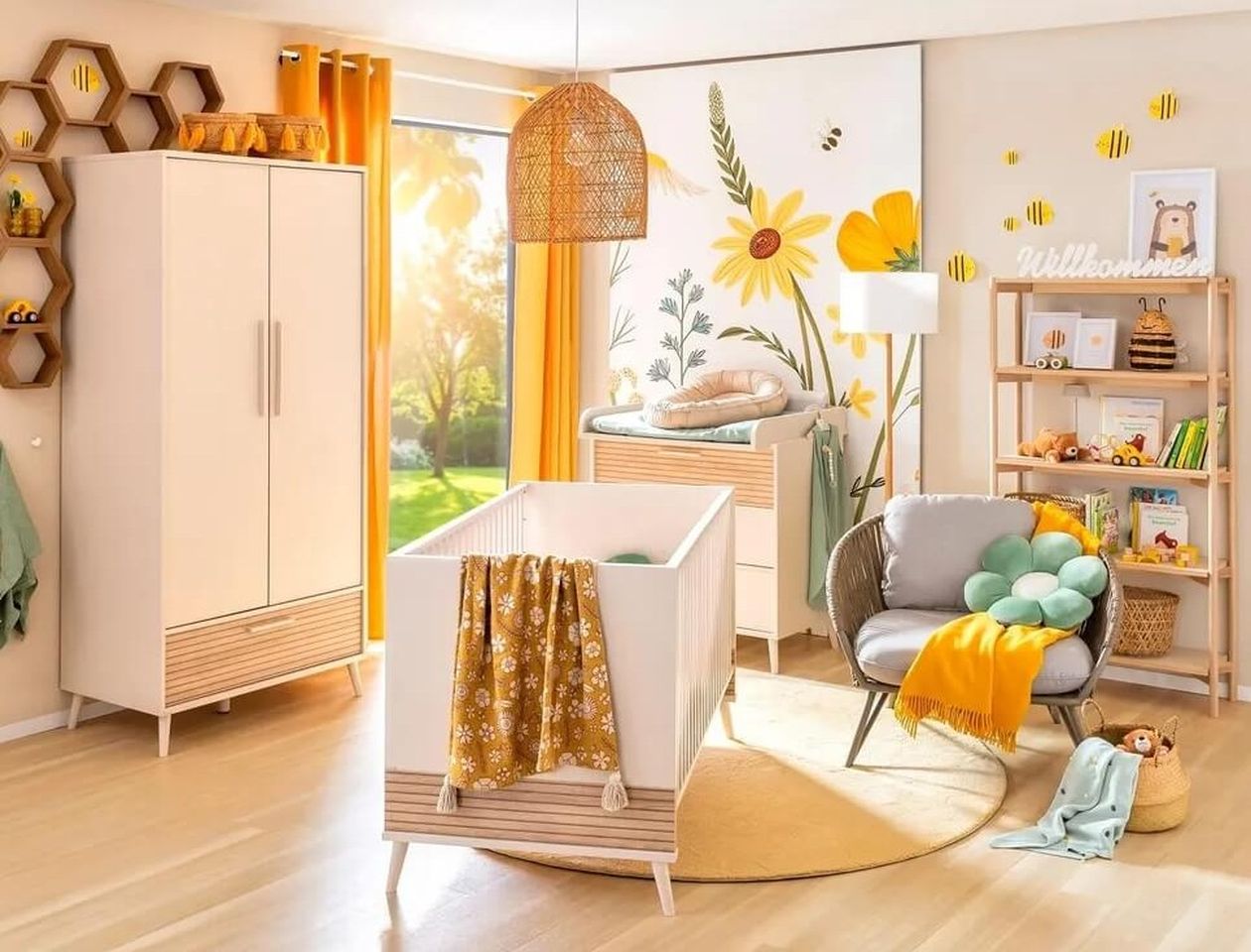 Weitwinklige Ansicht desselben Babyzimmers im Bienen-Thema mit cremefarbenem Möbelset, Waben-Wandregalen, Blumentapete, Rattan-Pendelleuchte und einem Sessel mit mintgrünem Blumenkissen.