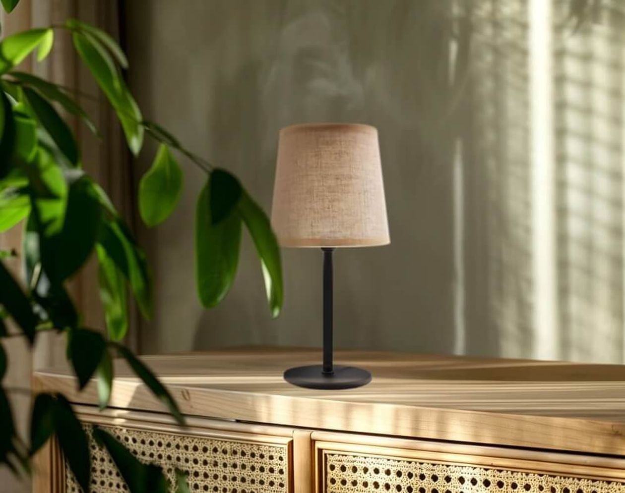 Eine Tischlampe mit beigem Schirm auf einem Holzschrank, umgeben von grünen Blättern, wird sanft vom natürlichen Licht erhellt.