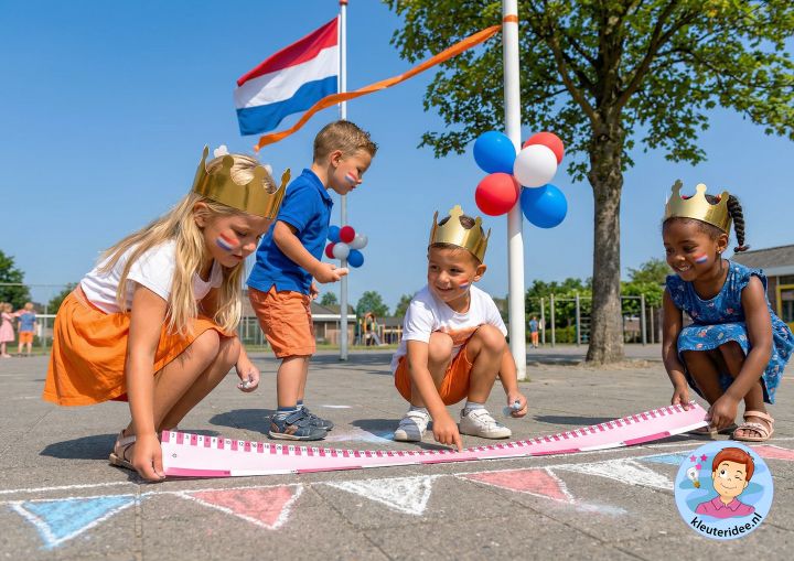 vlaggenlijnen meten op het plein met meetstroken, thema koningsdag, kleuteridee