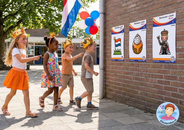 Bewegend leren, rijmrun koningsdag, bewegen en rijmen, Kleuteridee 3g