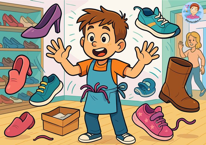 Beweegverhaal, Tijs de schoenenverkoper, vertelplaat, thema de schoenenwinkel, kleuteridee.ai