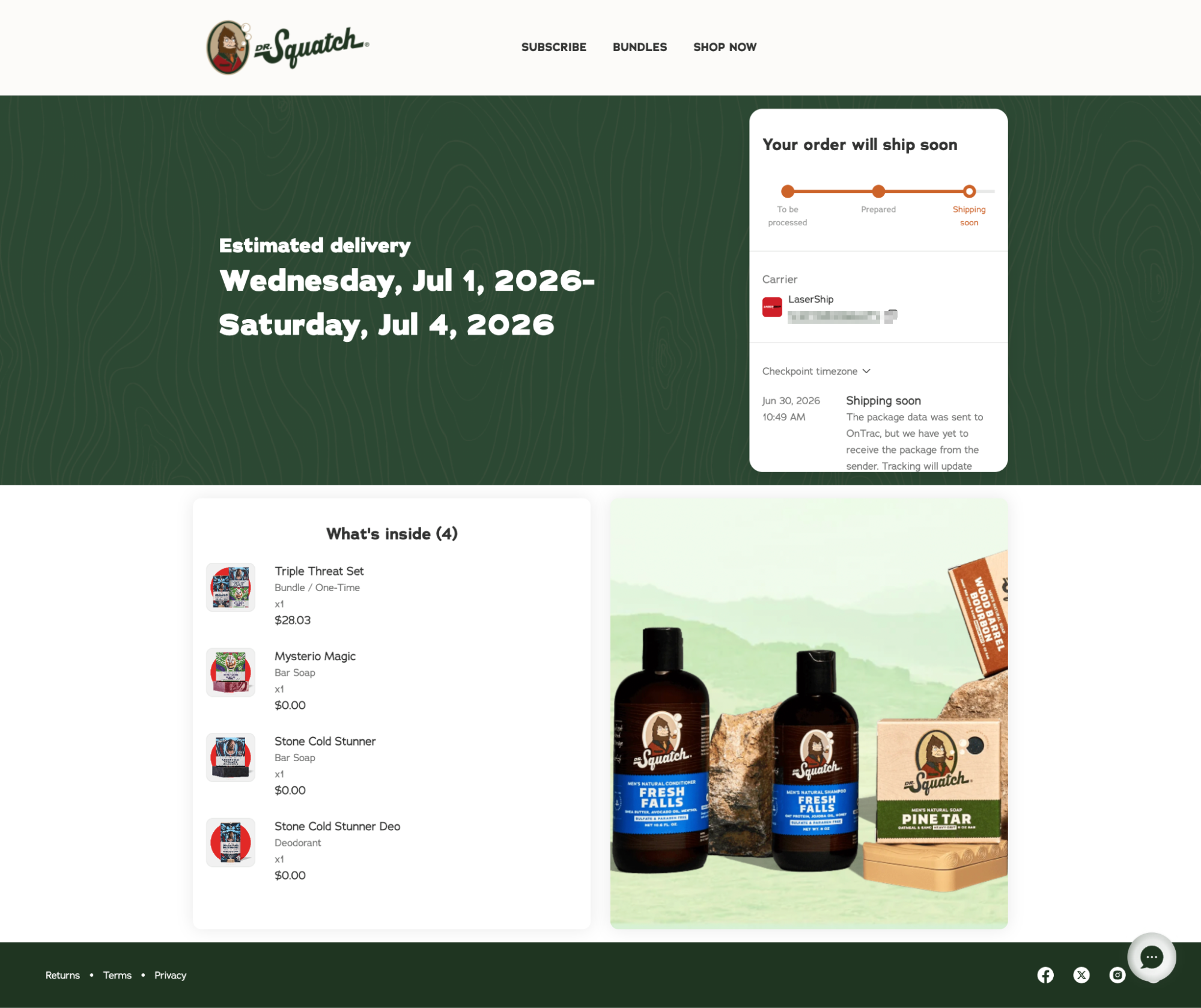 Dr. Squatch tracking page with post-purchase estimated delivery date and verified order contents