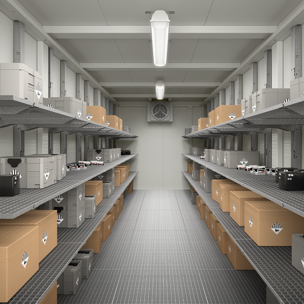 Veszélyes anyag tároló konténer, ahol lítium-ion akkumulátorokat tárolnak.