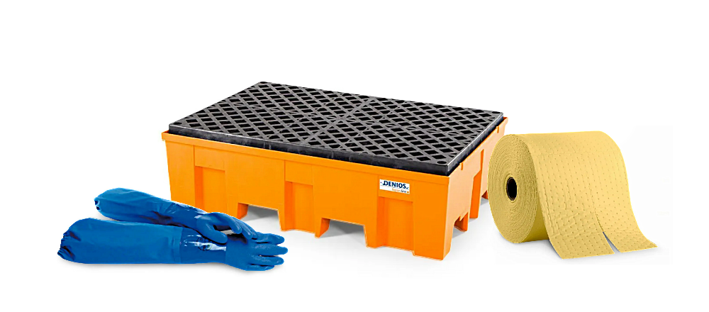 Bac de rétention, absorbant et gants EPI contre les produits dangereux