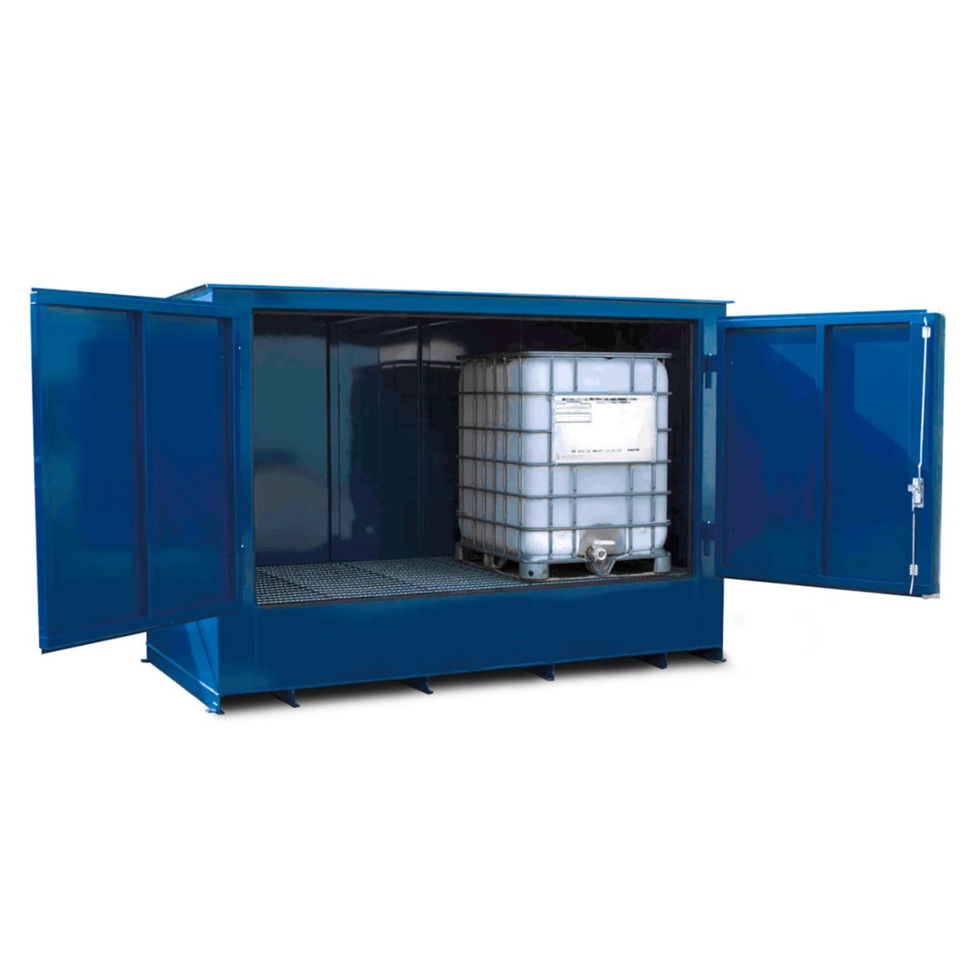 Blue chemical storage locker storing an ibc tote