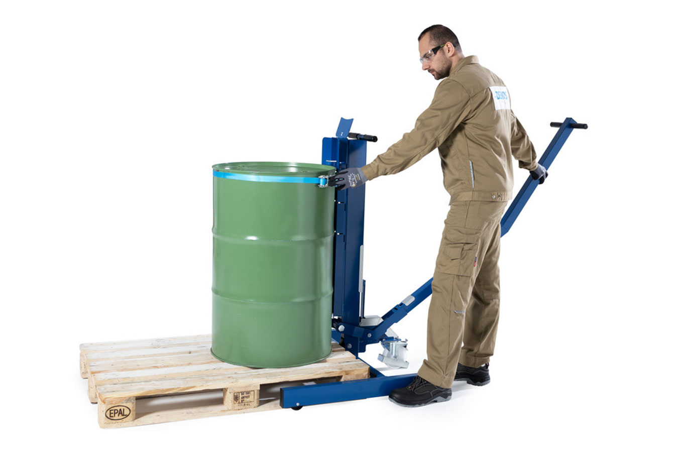 Elevador de bidões Servo com elevação até 200 mm para bases rolantes e bacias baixas