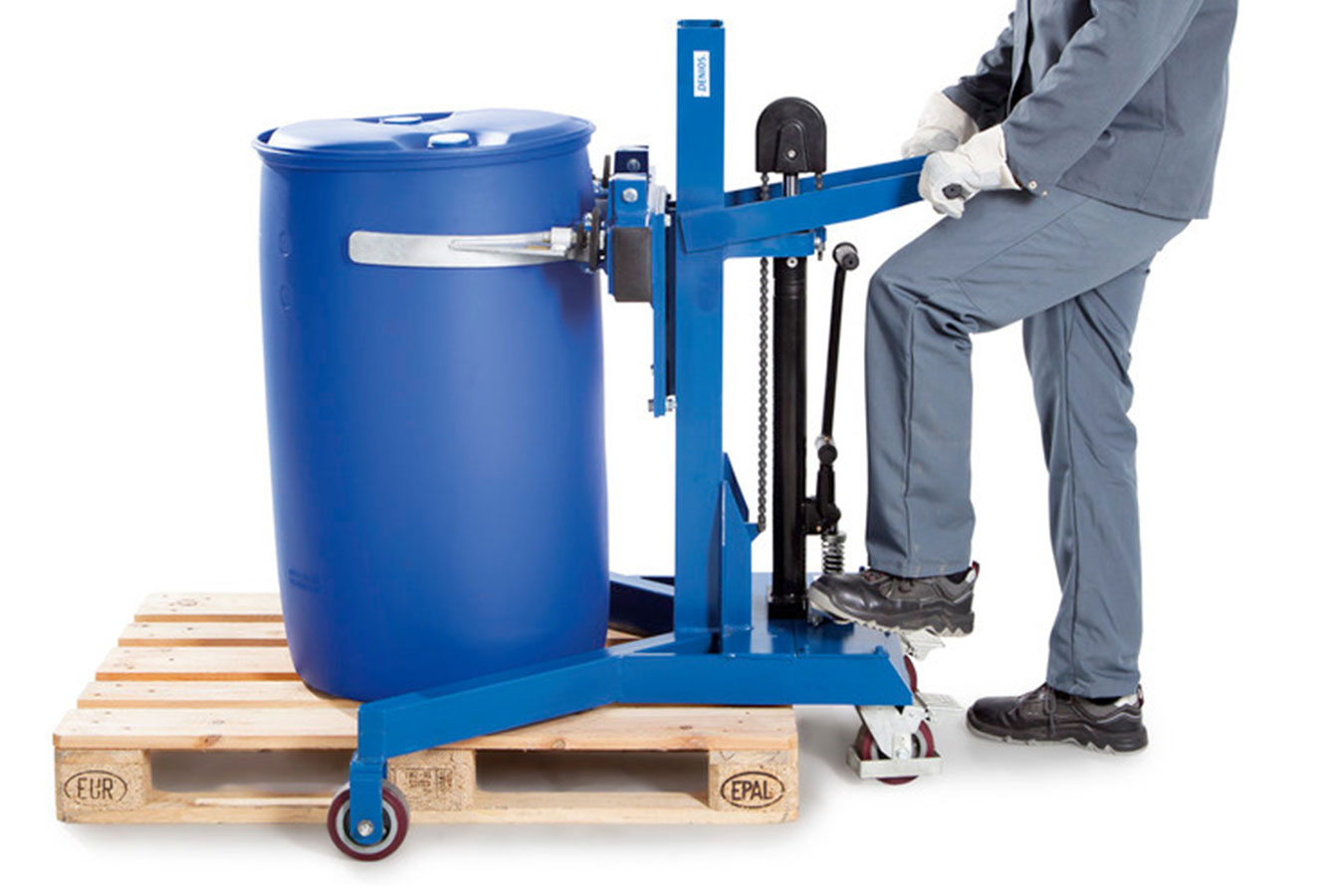 Elevador de bidões manual com bomba e pedal de descida independentes