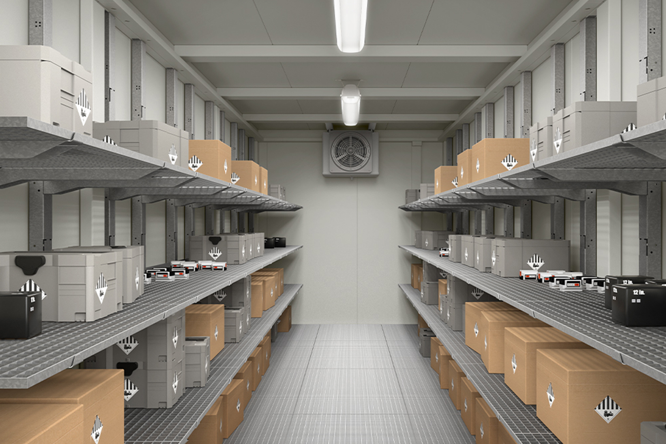 Veszélyes anyag konténer amiben lítium-ion akkumulátort tárolnak