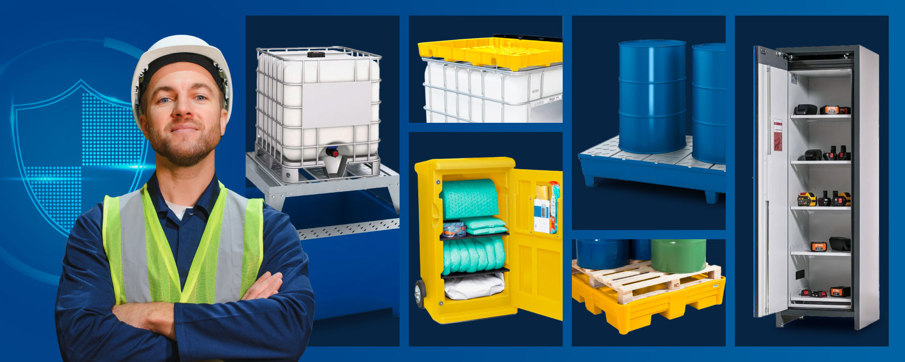 a Man standing infront of an assortment of work safety products