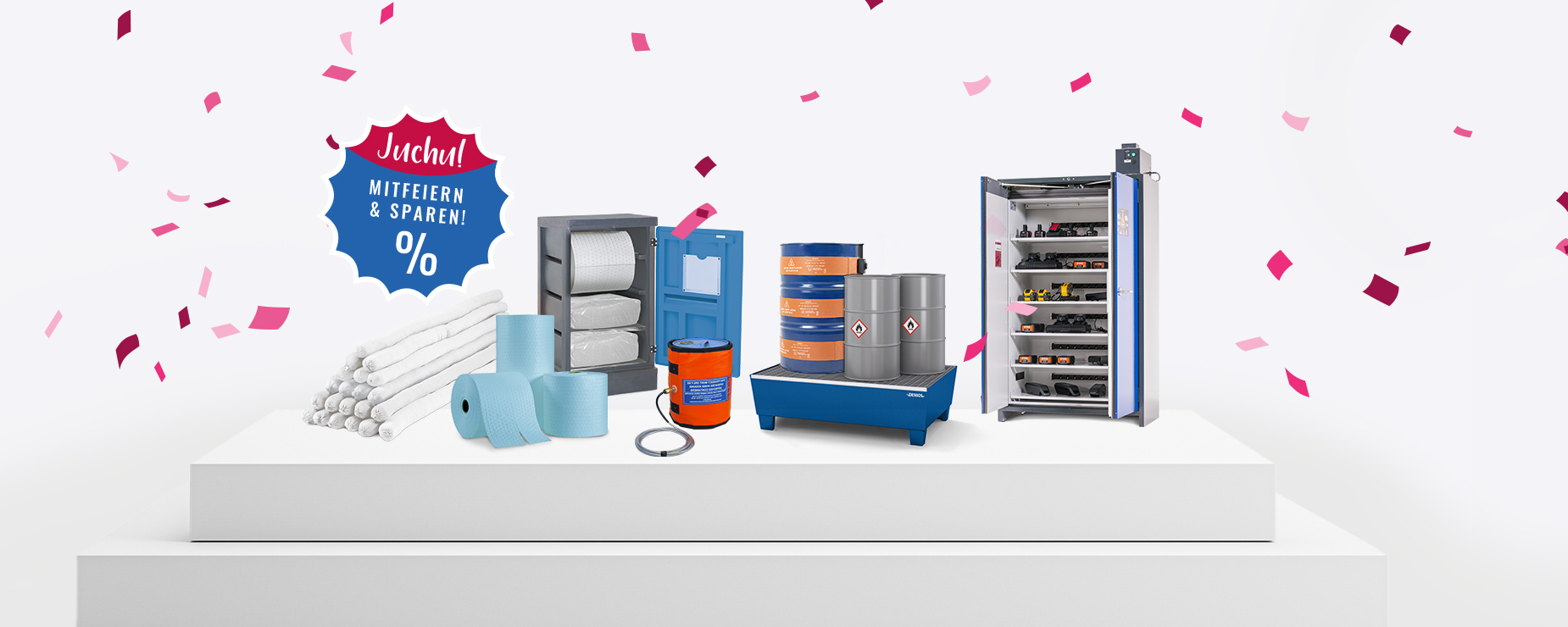 Jubiläumsangebote: Gefahrstoffschränke, Auffangwannen, Bindemittel, Heizmäntel und Heizgürtel