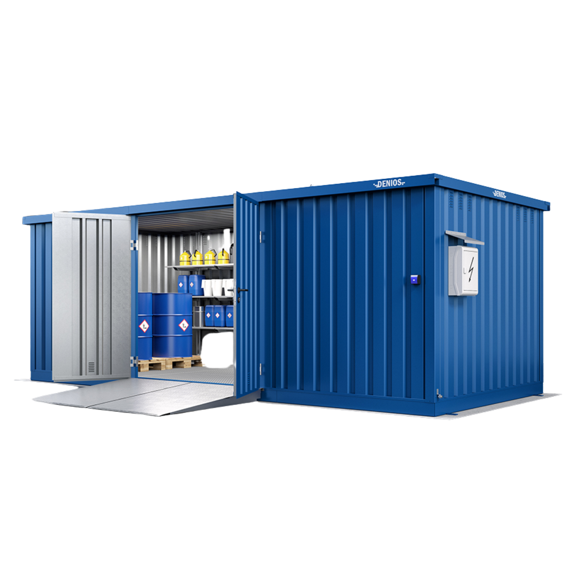 Miljøcontainer fra DENIOS af typen walk-in-container til opbevaring af kemikalier og olier