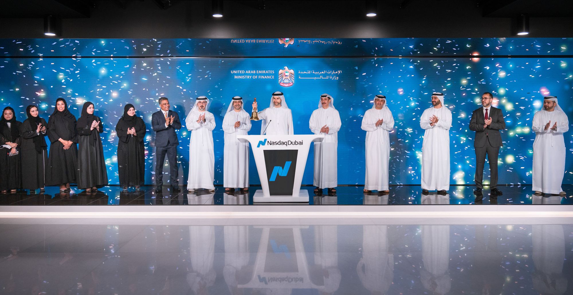 His Excellency Mohammed bin Hadi Al Hussaini, Minister of State for Financial Affairs, rang the market-opening bell to celebrate and mark listing the UAE sovereign bonds on Nasdaq Dubai.