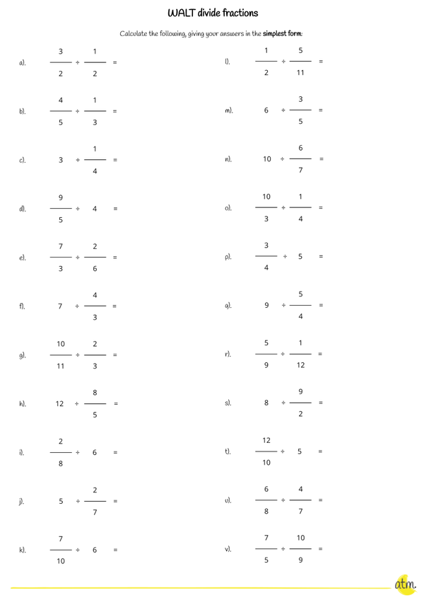 Worksheet On Dividing Fractions 