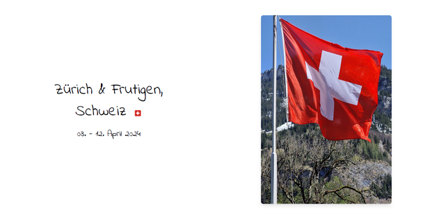 Fotobuch-Doppelseite mit Schweizer Flagge im Kapiteltitel