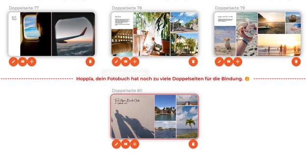 Rot markierte überzählige Doppelseite im Fotobuch