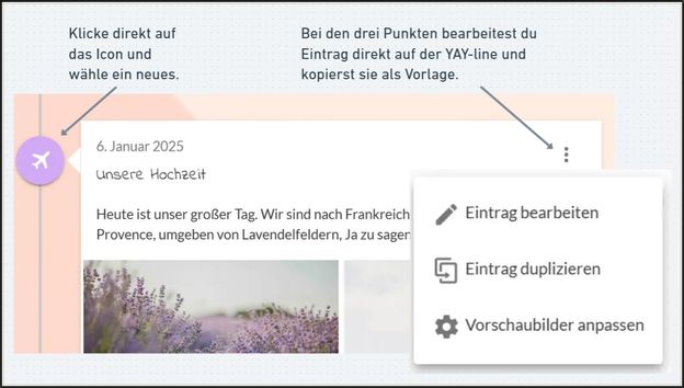 Tagebucheintrag auf der YAY-line mit Menü zum Bearbeiten und Duplizieren