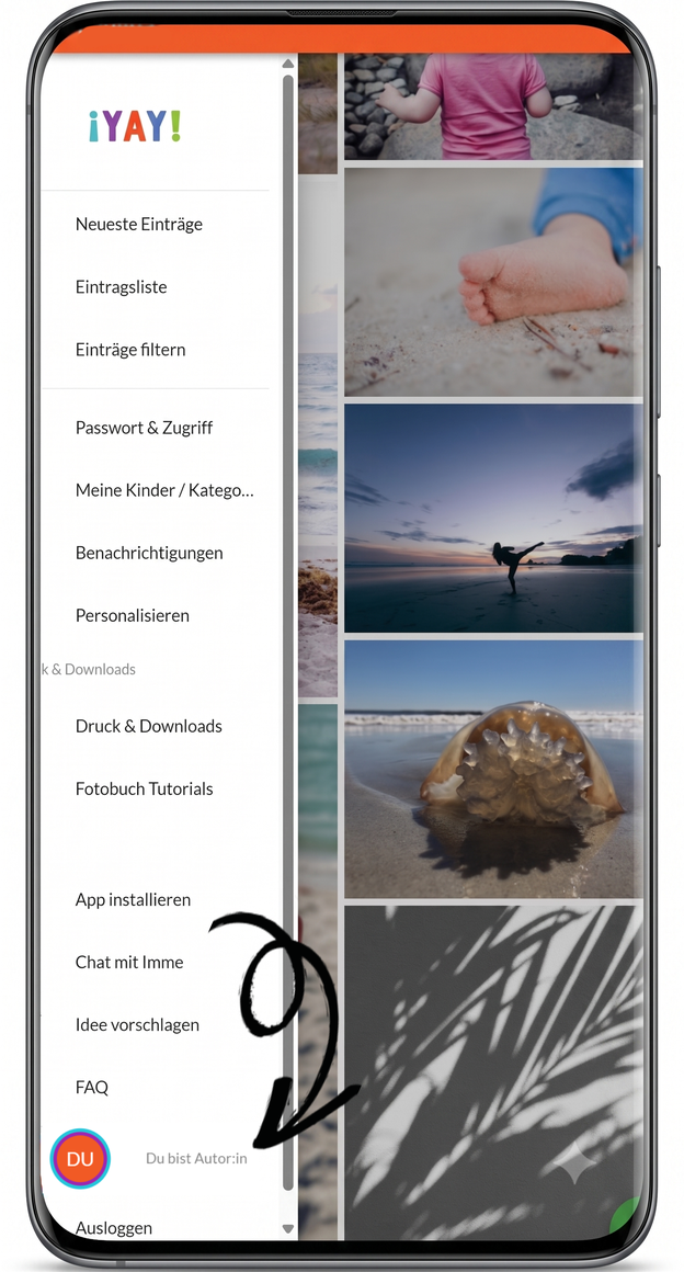 Handy mit YAY-Navigation und Icon für Autor:in oder Gast