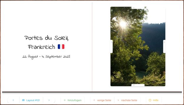 Fotobuch-Doppelseite mit Kapitel-Titel „Portes du Soleil, Frankreich“