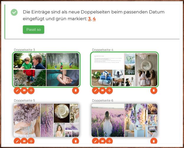 Neue Doppelseiten im Fotobuch, grün markiert