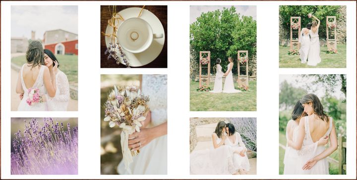 Fotobuch-Doppelseite mit Hochzeitsfotos im Collagen-Layout