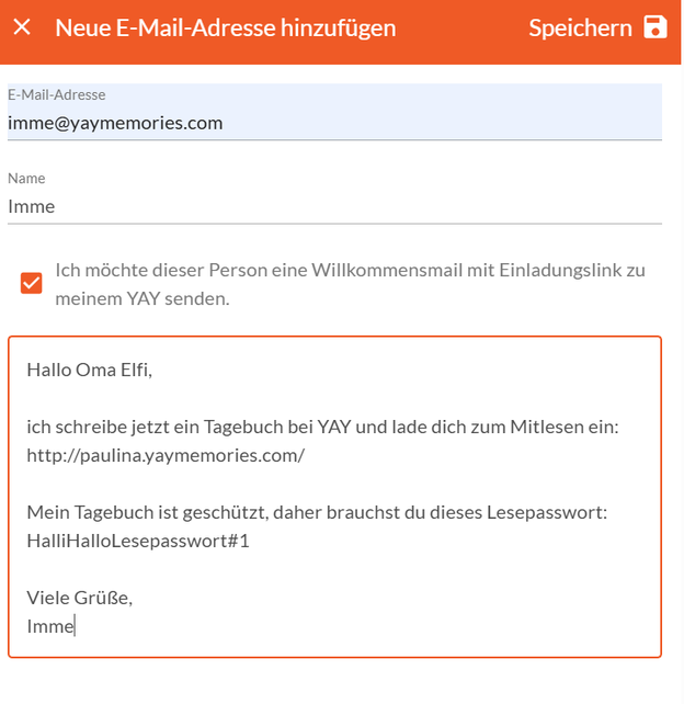 Formular „Neue E-Mail-Adresse hinzufügen“ mit Willkommensmail