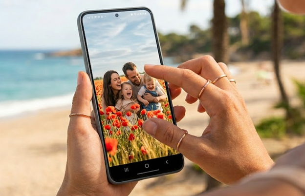 Ein Handy zeigt ein Familienfoto in der YAY-Galerie