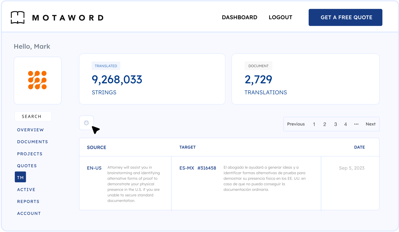 Dashboard Translation Memory