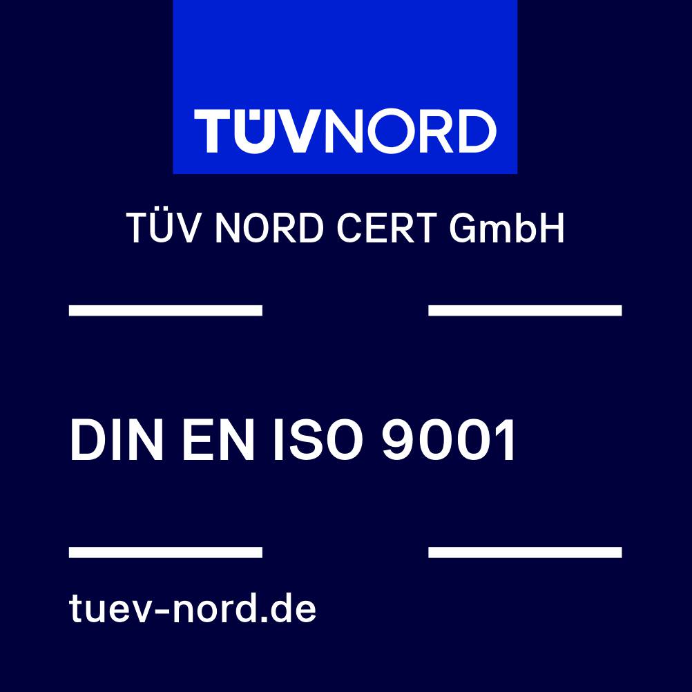 TÜV NORD certification badge with text "TÜV NORD CERT GmbH" and "DIN EN ISO 9001," featuring a website URL tuev-nord.de.