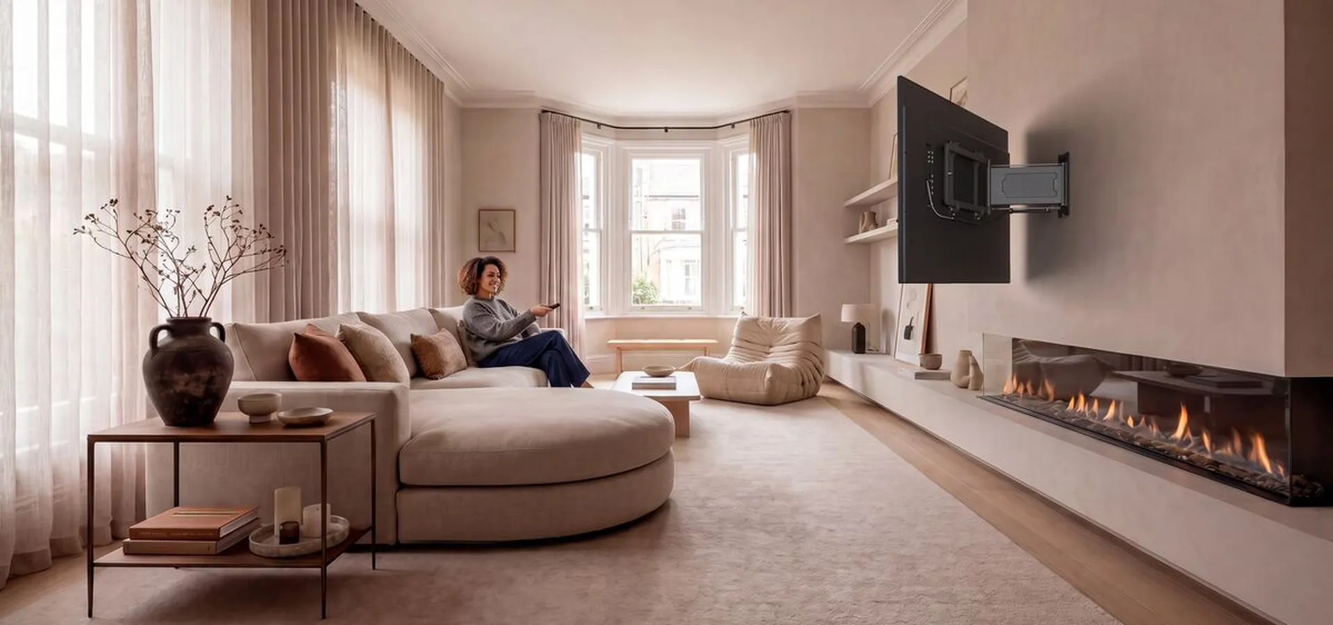 Woman on couch switches on TV automatic turn with Motorized TV Wall Mount
