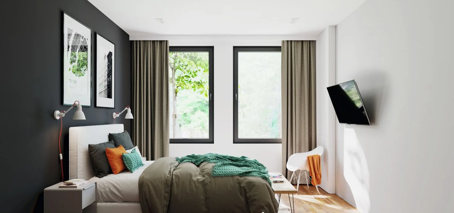 Tiltable wall bracket mounted in bedroom