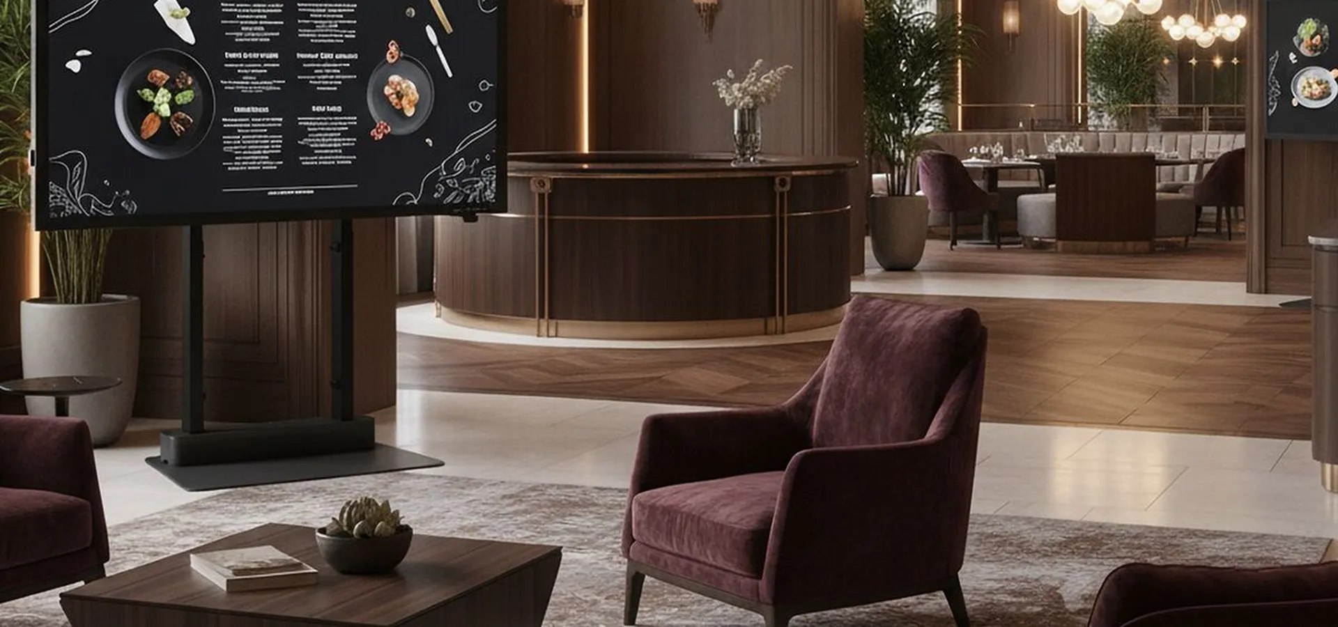 RISE Motorized Display Floor Stand in hotel lobby