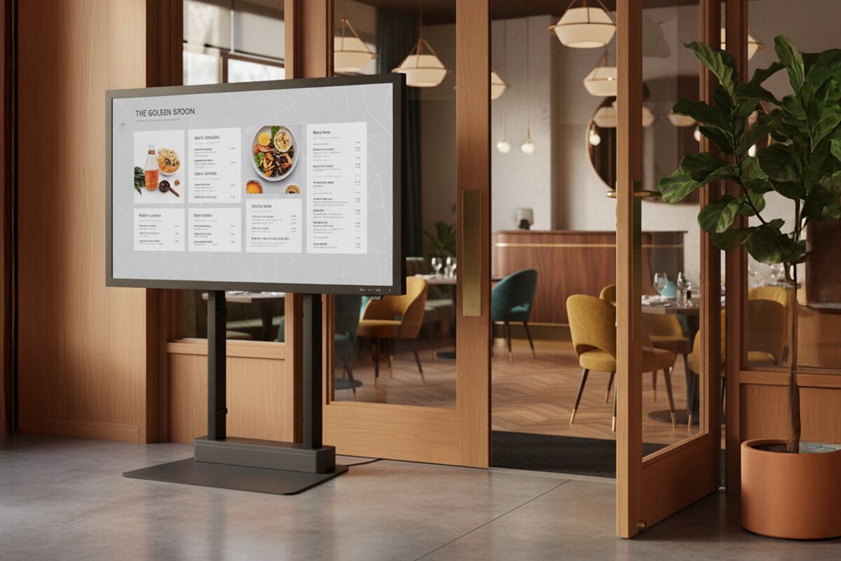 RISE Motorized Display Floor Stand in restaurant