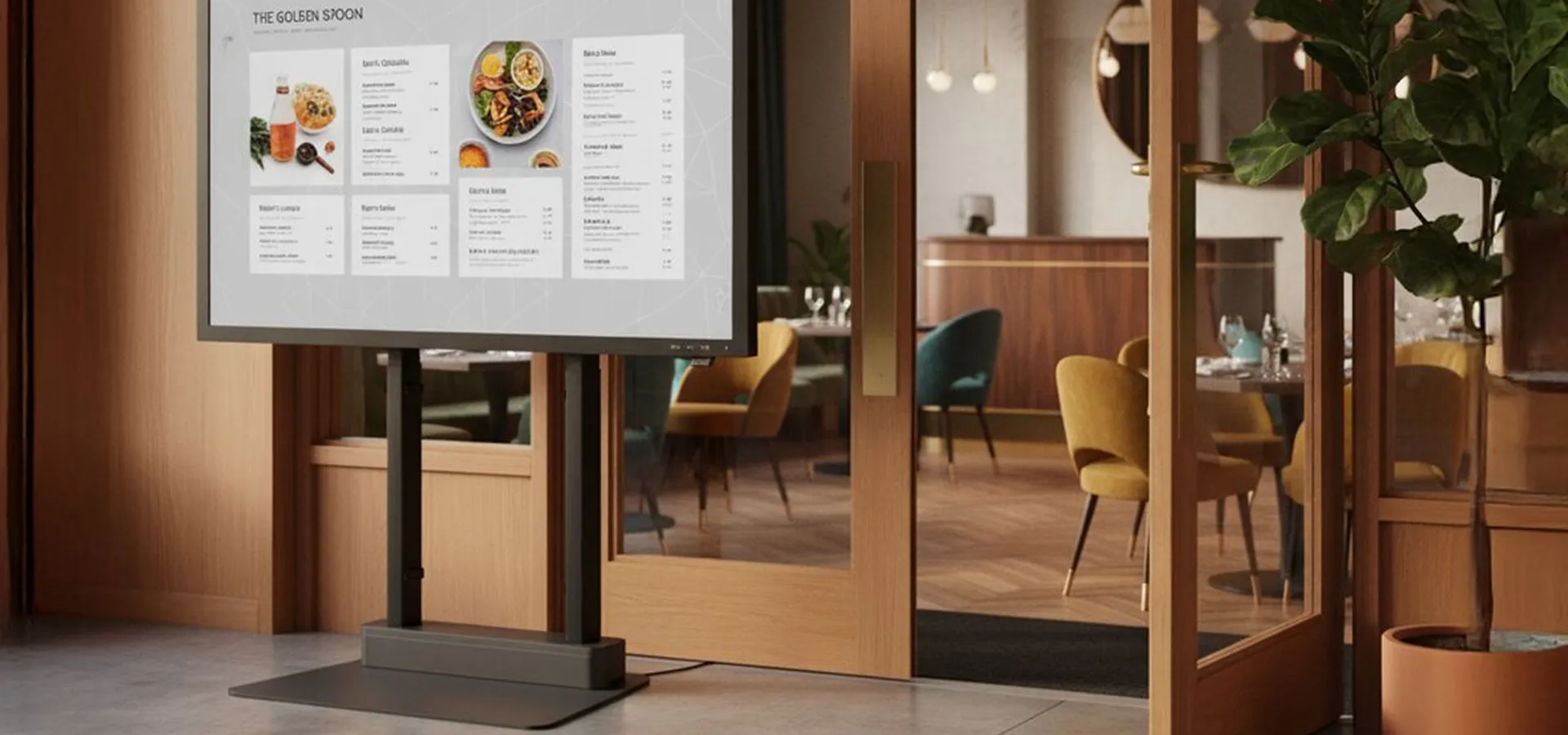 RISE Motorized Display Floor Stand in restaurant