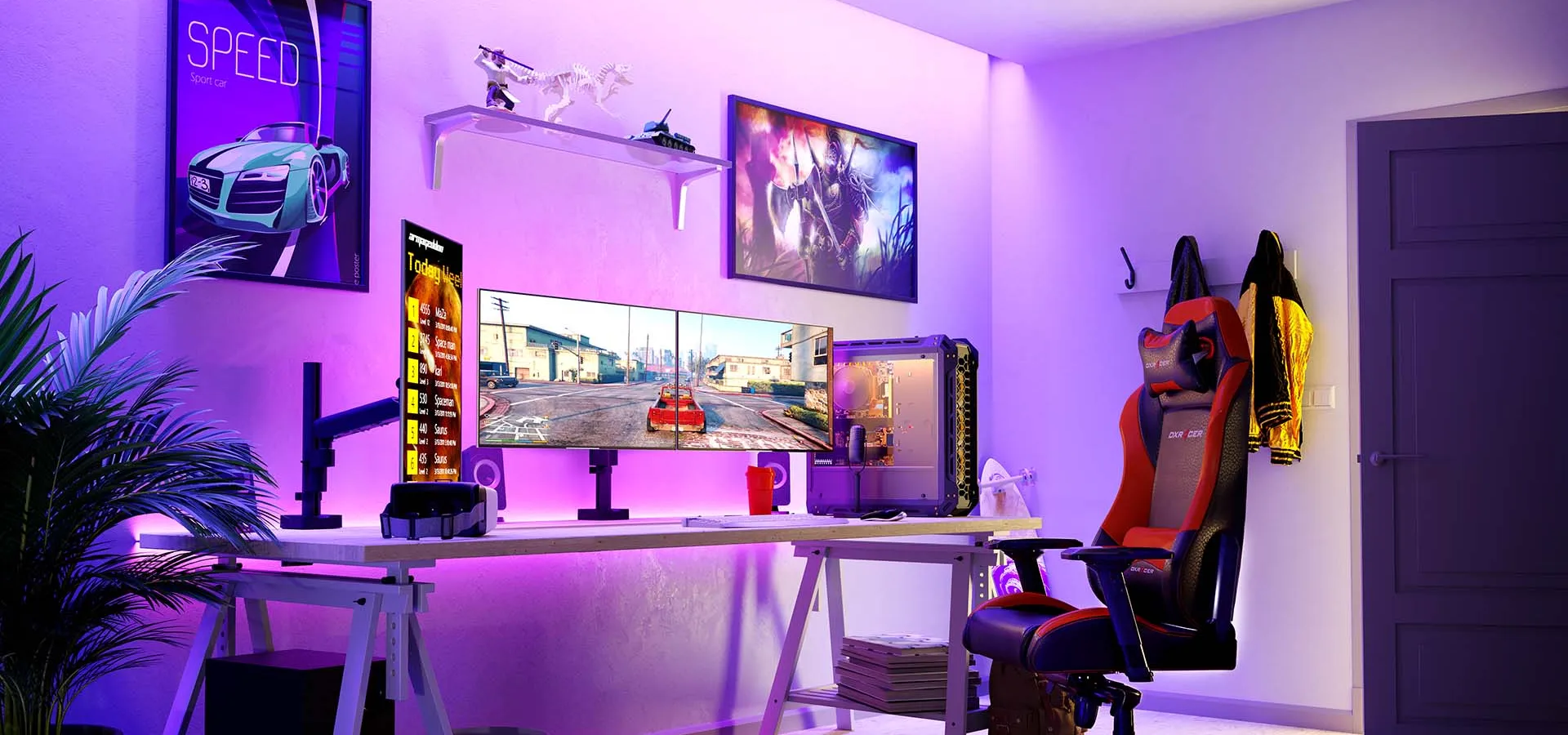 Bras pour moniteur à double écran dans une configuration de jeu