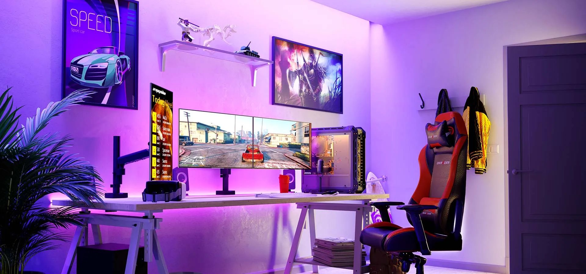 Monitor arm met 2 schermen in gaming set-up