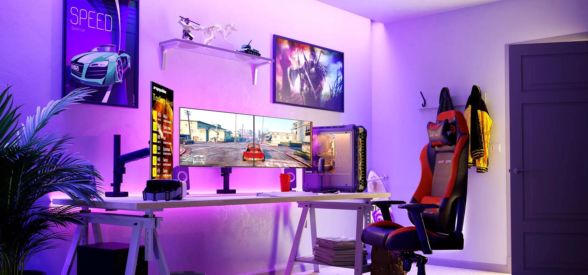 Monitor arm met twee schermen in gaming set-up