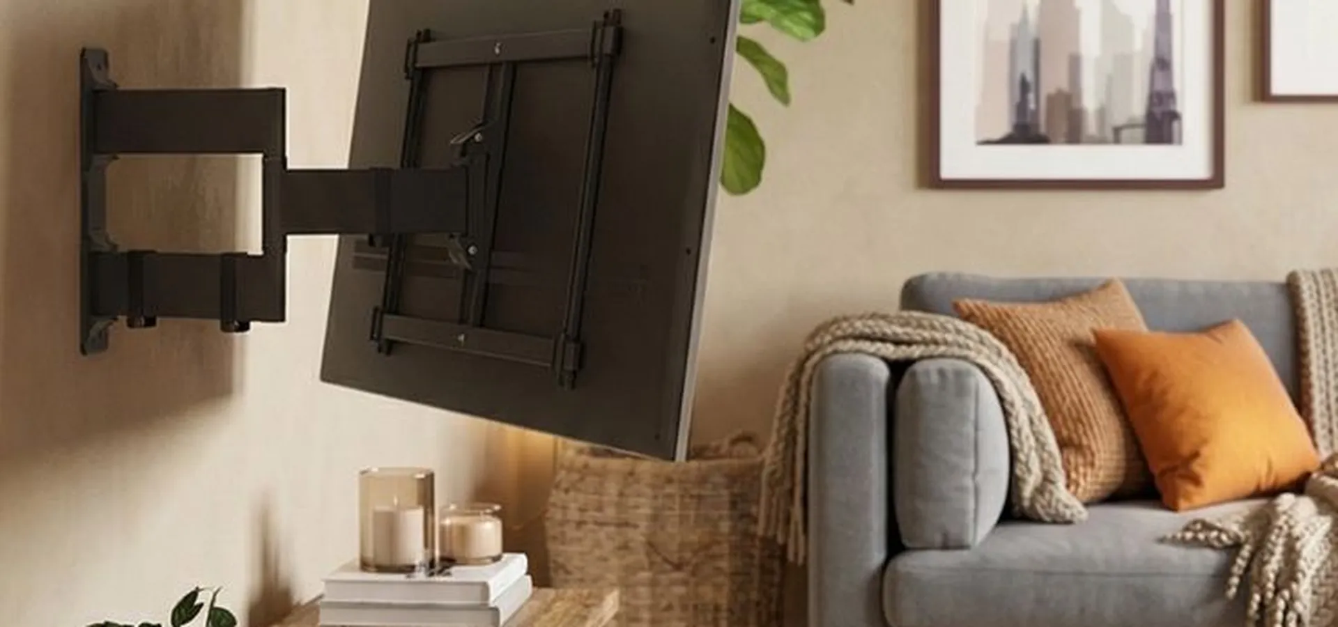 Un soporte articulado permite separar la TV de la pared y orientarla hacia distintos puntos del salón, liberando la composición