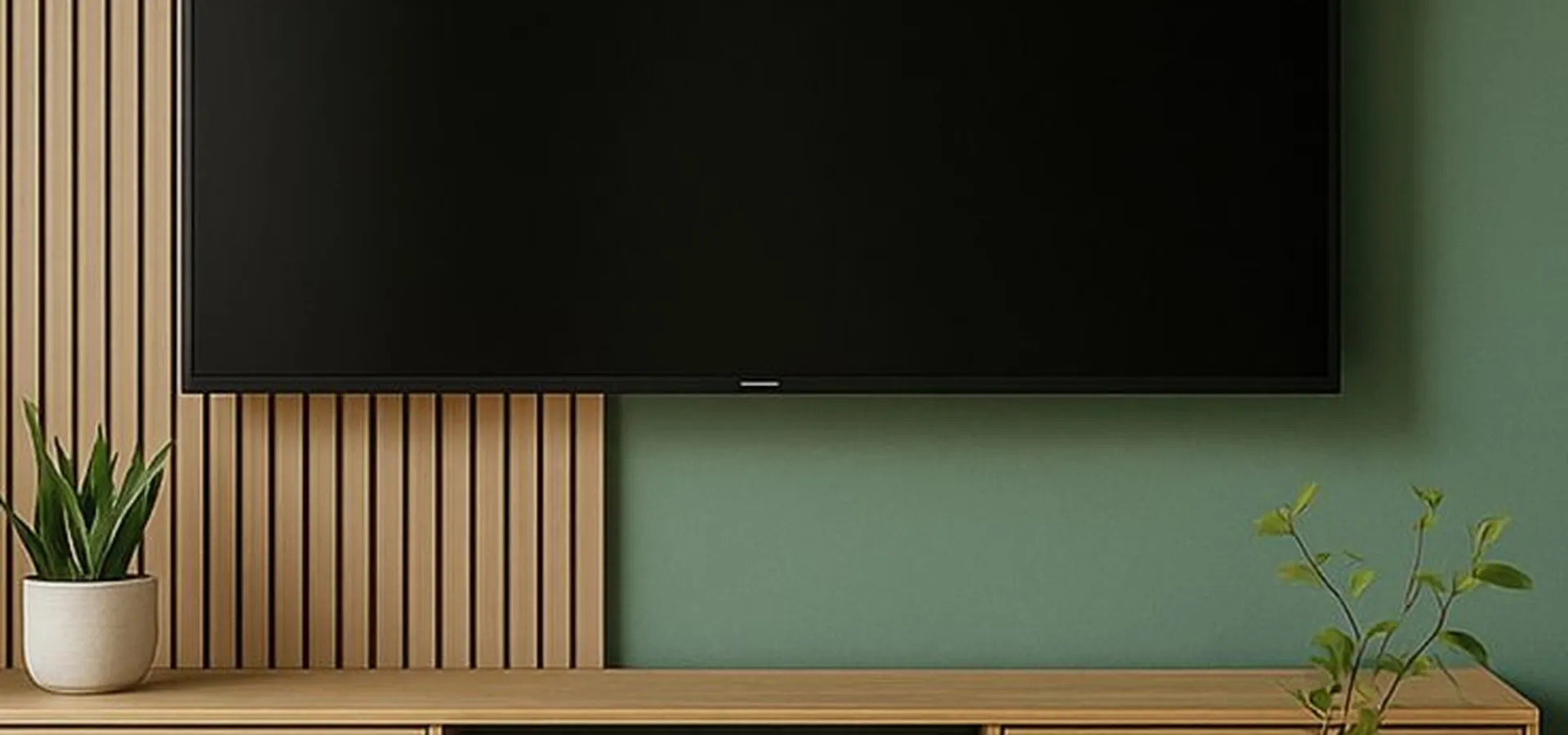 Listones verticales de madera combinados con una pared en verde profundo: textura, calidez y un fondo que integra la pantalla