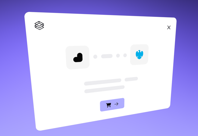 Illustration of merchant connecting to bank in front of purple cgi particles