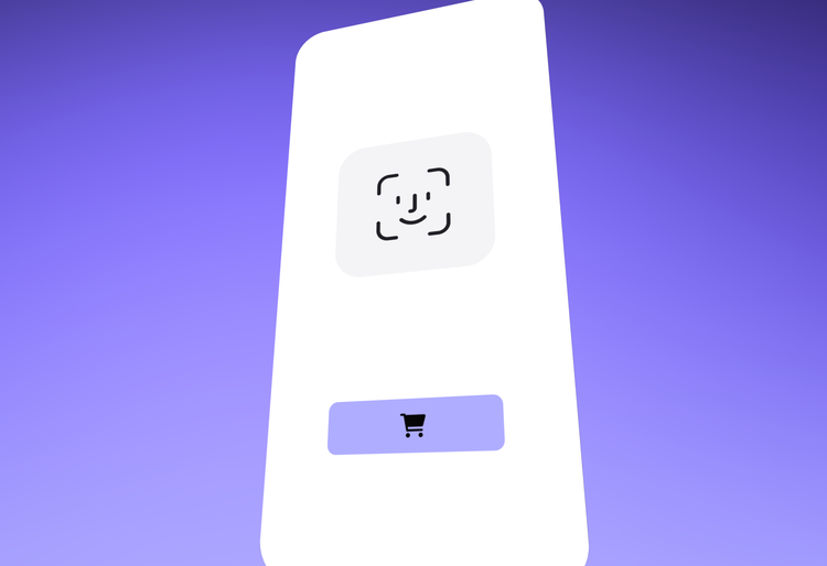 Illustration of successful face ID on a mobile device in front of purple cgi particles