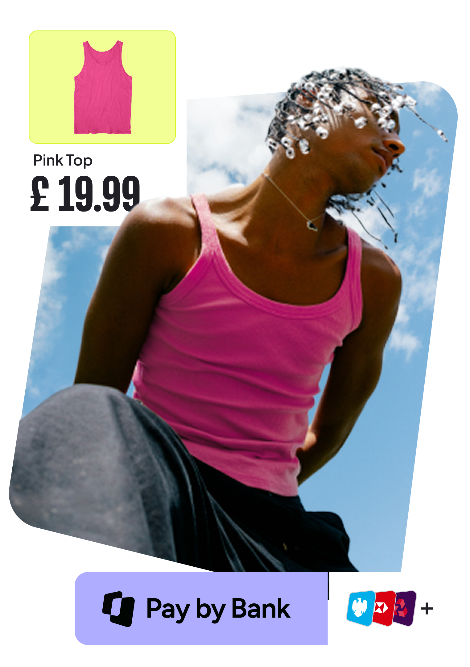 Man in pink vest surrounded by checkout ui elements