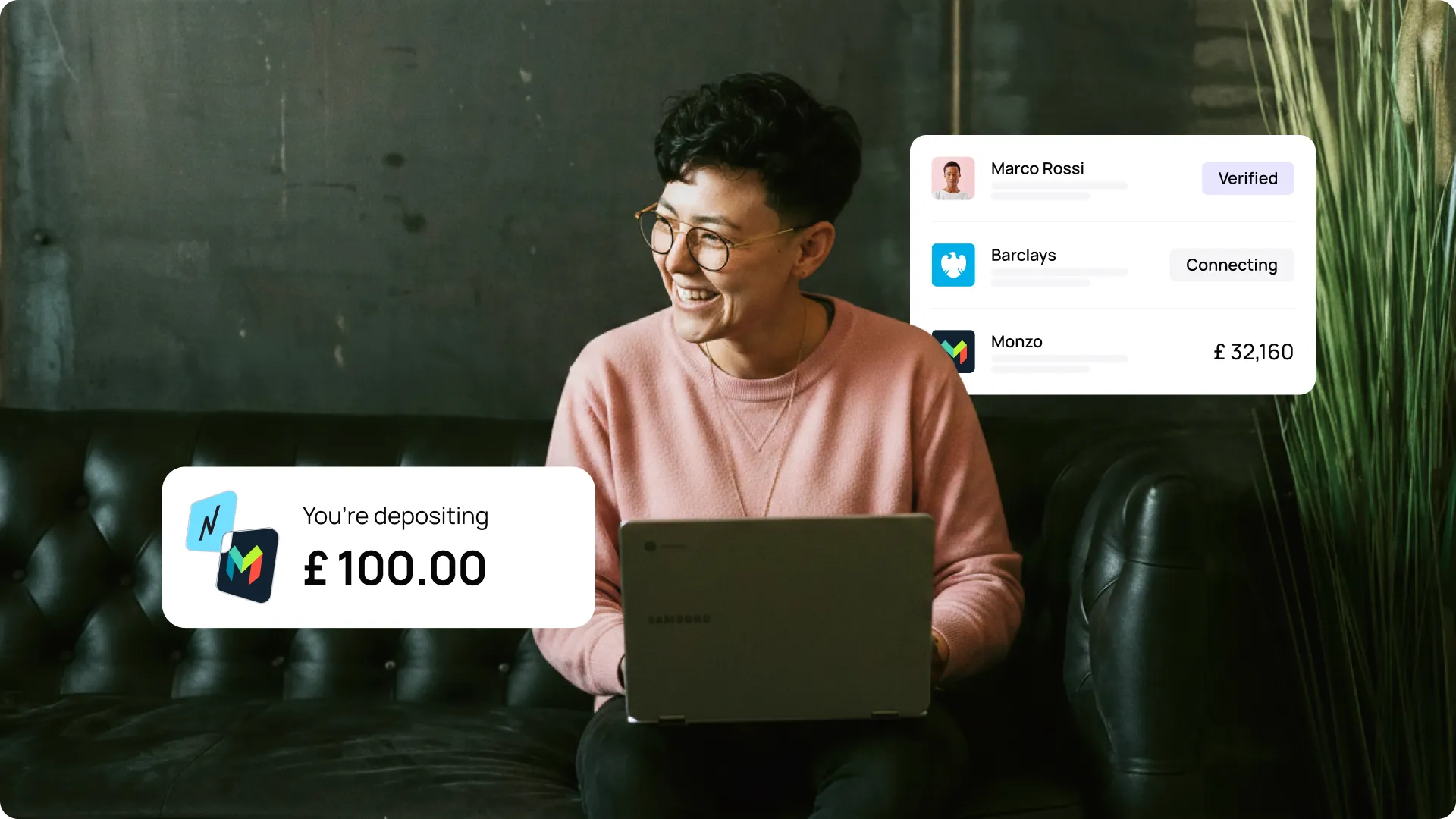 Smiling person in a pink sweater using a Samsung laptop, with overlays showing financial transactions and account details.