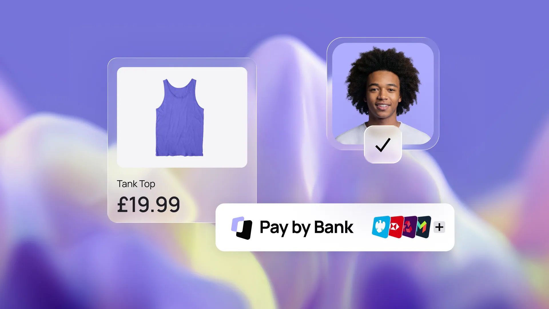Image featuring a blue tank top priced at £19.99 and a profile of a smiling person, alongside a "Pay by Bank" option with various bank logos.